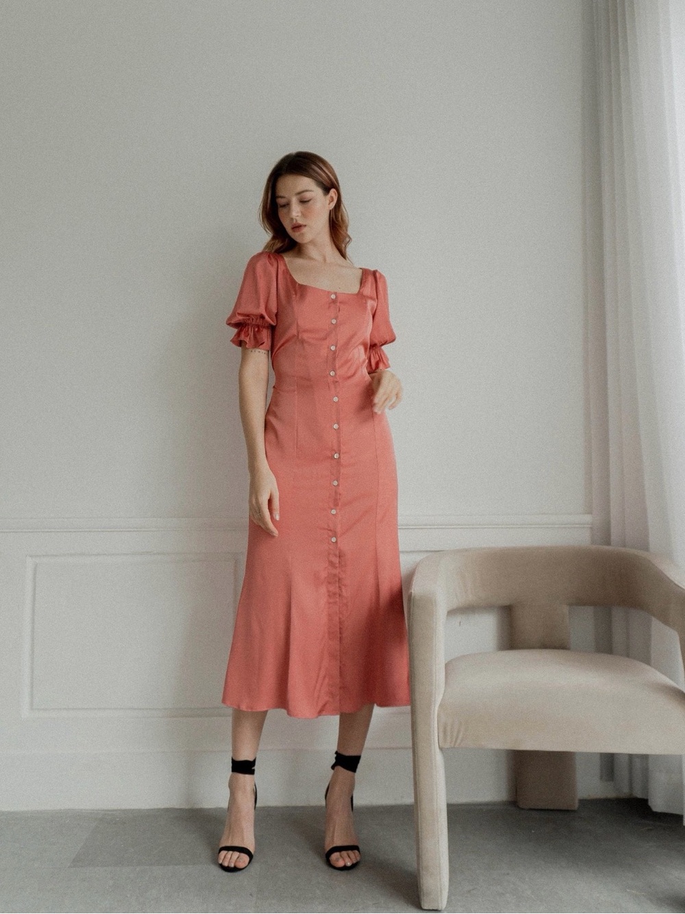 NoireBrand Evie Satin Midi Dress Nude